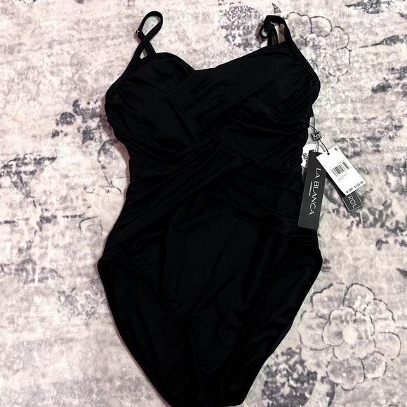 LA BLANCA Drapped Mio One Piece, Island Goddess Black Sz 10 - Picture 2 of 7